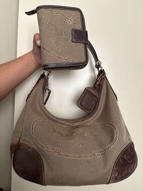 Prada Logo Jacquard Canvas Hobo Shoulder Bag with Matching Wallet